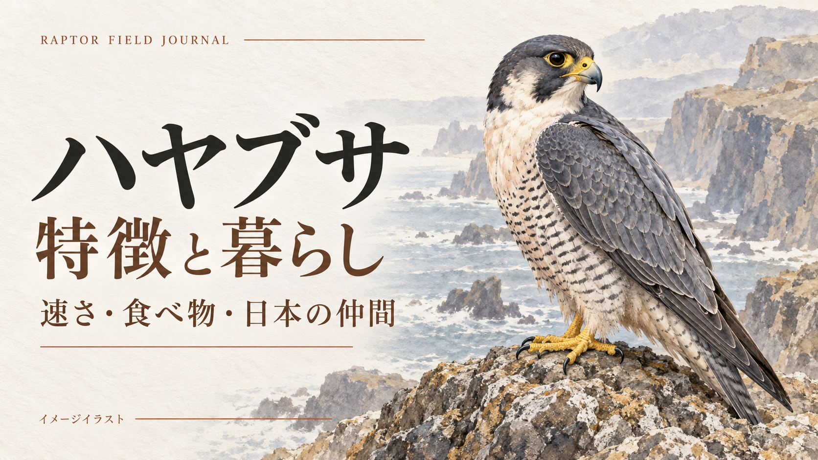 海岸の岩場にとまるハヤブサを描いたイメージイラスト