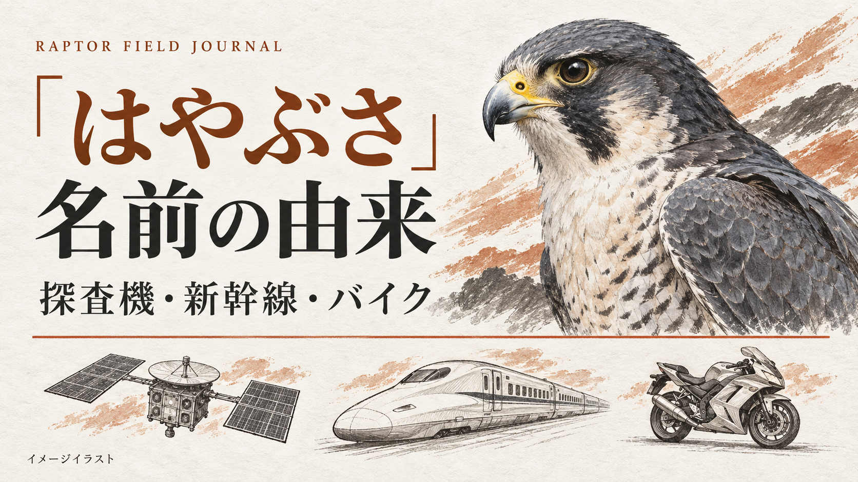 ハヤブサと、その名が付いた探査機・新幹線・バイクのイメージイラスト