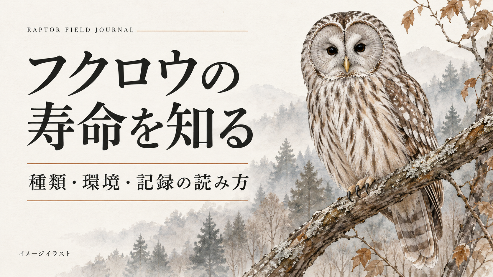 枝にとまるフクロウと、寿命を考える際の種類・環境・記録の読み方を示したイメージイラスト