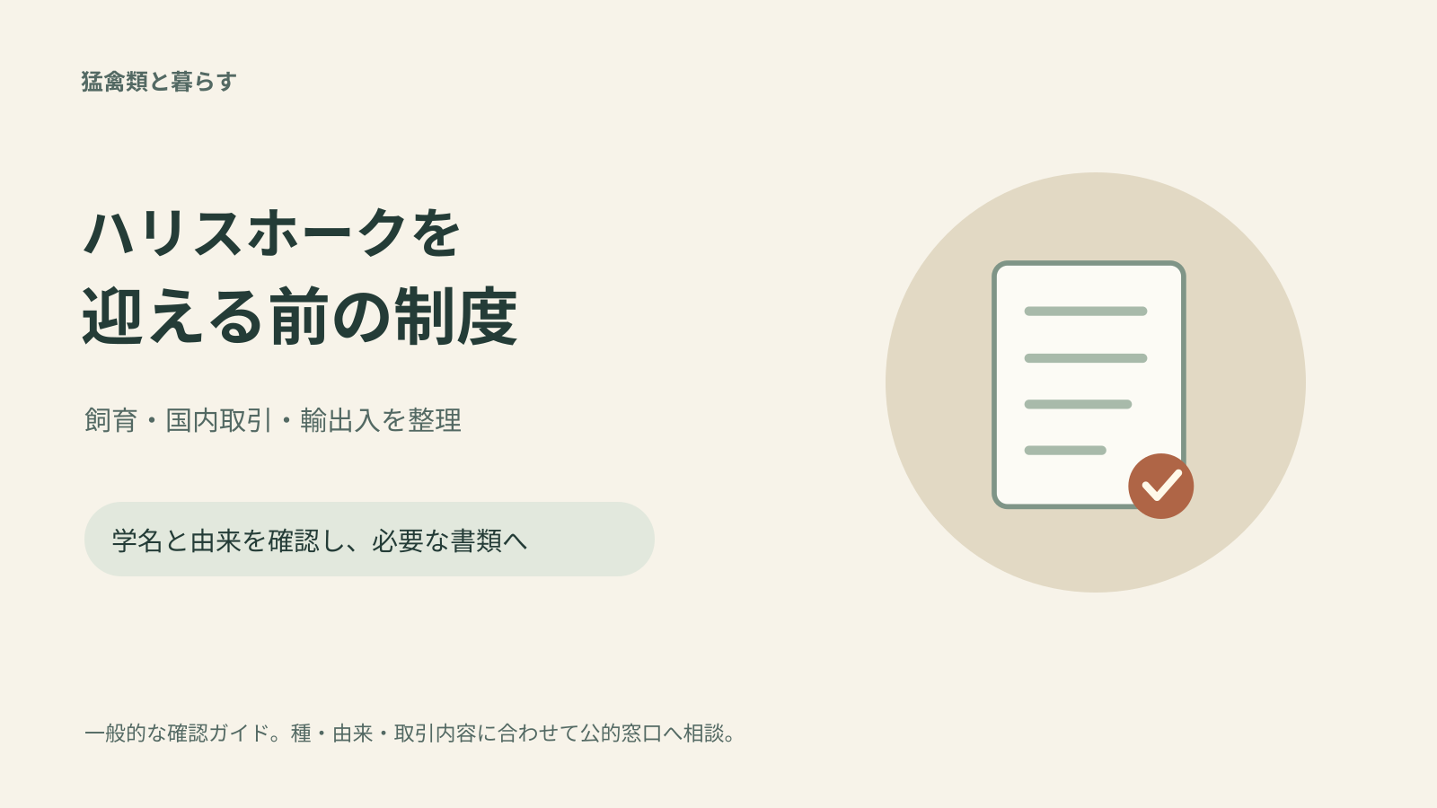 ハリスホークを飼うのに許可は必要？購入前に確認する制度と書類を表すオリジナルの模式イラスト。実写ではありません。