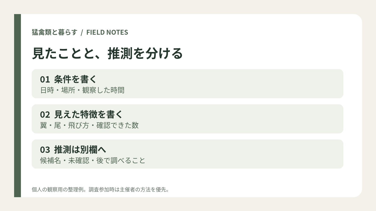 01  条件を書く：日時・場所・観察した時間。02  見えた特徴を書く：翼・尾・飛び方・確認できた数。03  推測は別欄へ：候補名・未確認・後で調べること。