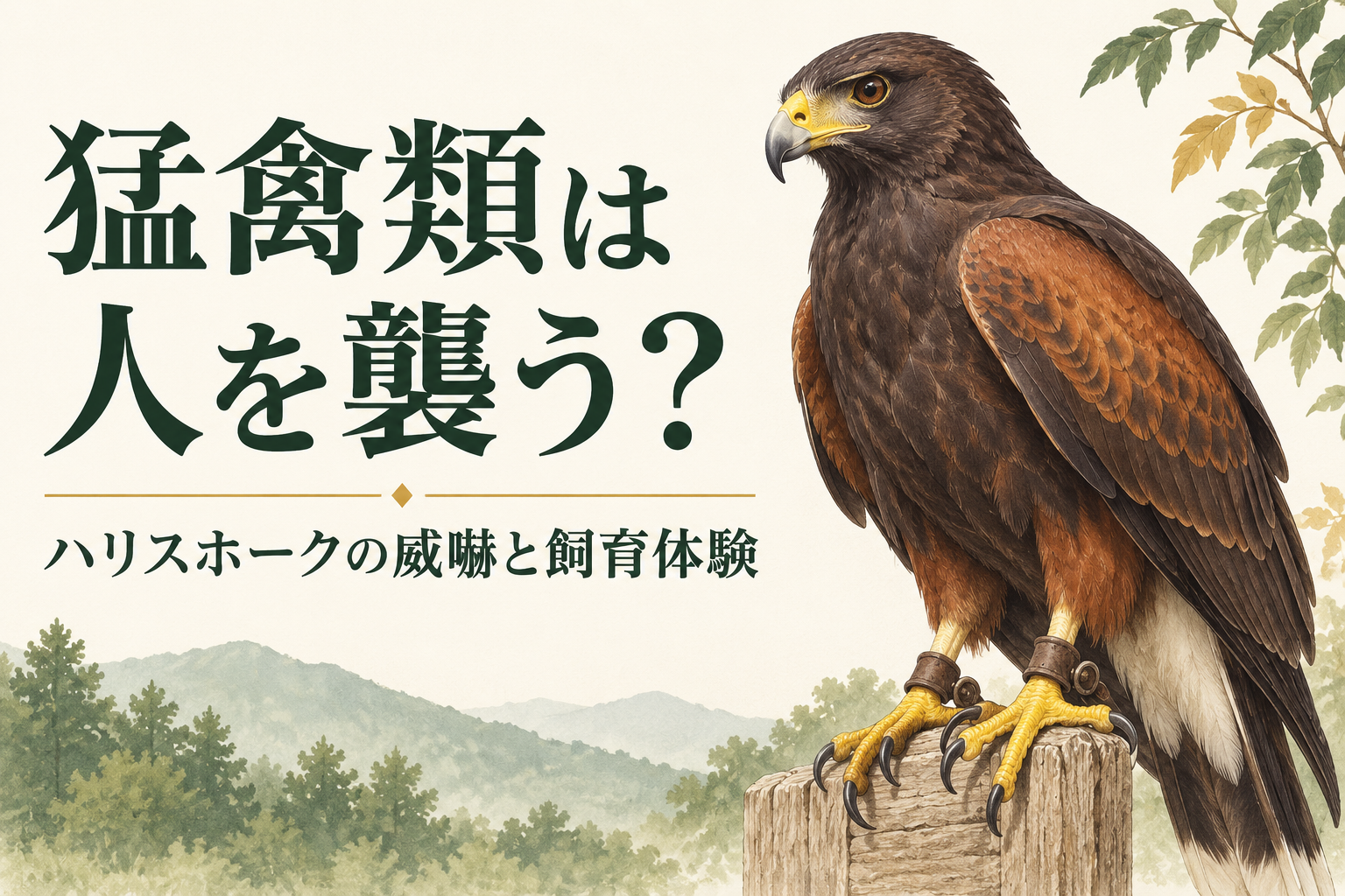 止まり木にとまるハリスホークを描いた、猛禽類の威嚇と飼育体験の記事用イラスト