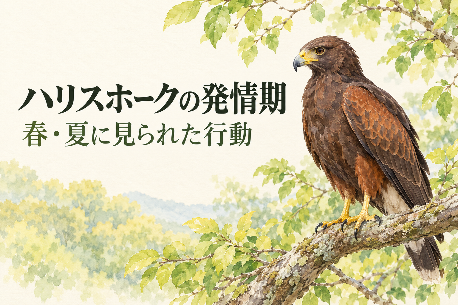 春から夏の緑を背景に枝にとまるハリスホークを描いた、発情期の行動を紹介する記事用イメージイラスト