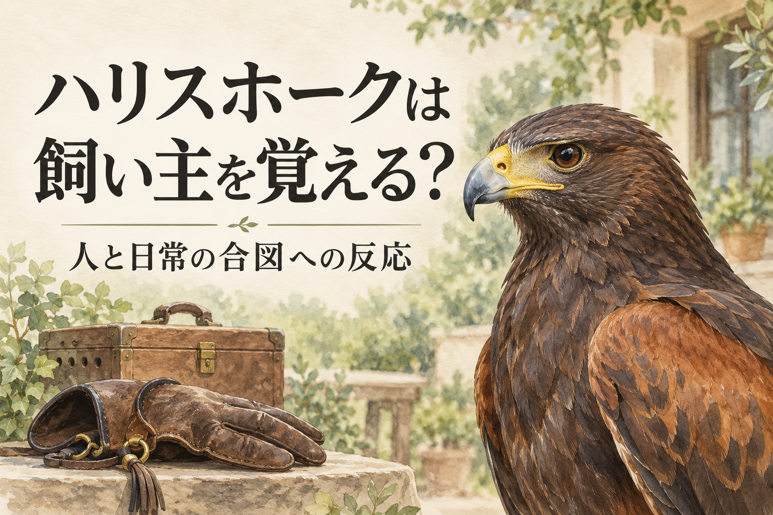グローブと輸送箱を添えたハリスホークの肖像。飼い主や日常の合図への反応を紹介する記事用イメージイラスト