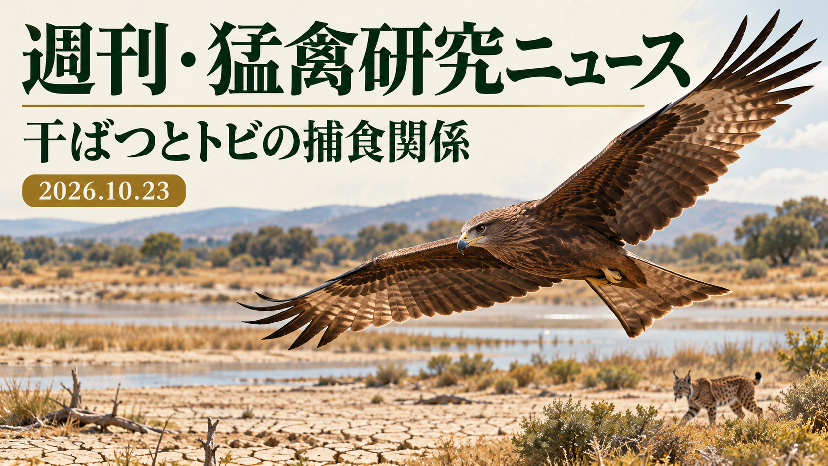 「週刊・猛禽研究ニュース」2026年10月23日号の表紙。干ばつの湿地を飛ぶトビと、遠景のイベリアオオヤマネコを描いたAI生成のイメージイラスト。研究の実写記録ではありません。副題は「干ばつとトビの捕食関係」。
